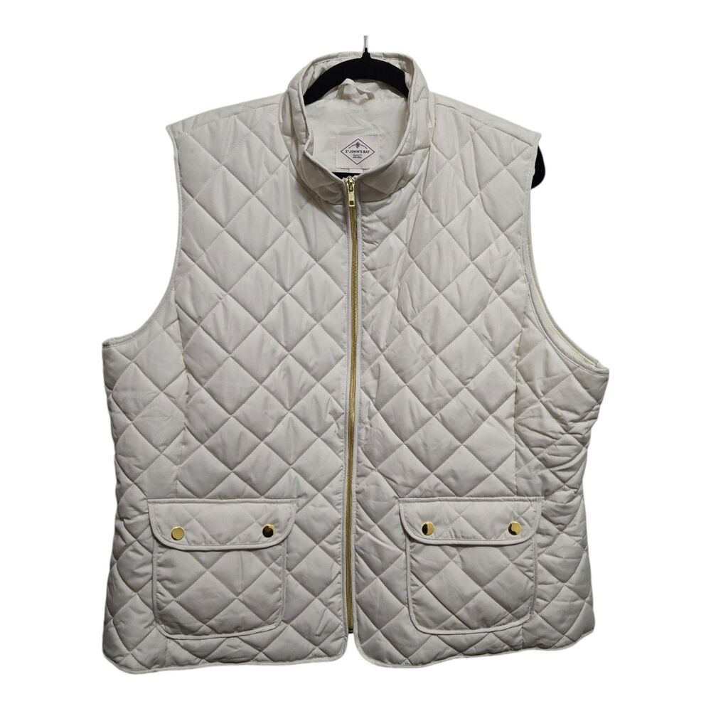 St. John's Bay Quilted Puffer Vest Ivory Womens Size 2X Pockets Goldtone Accents